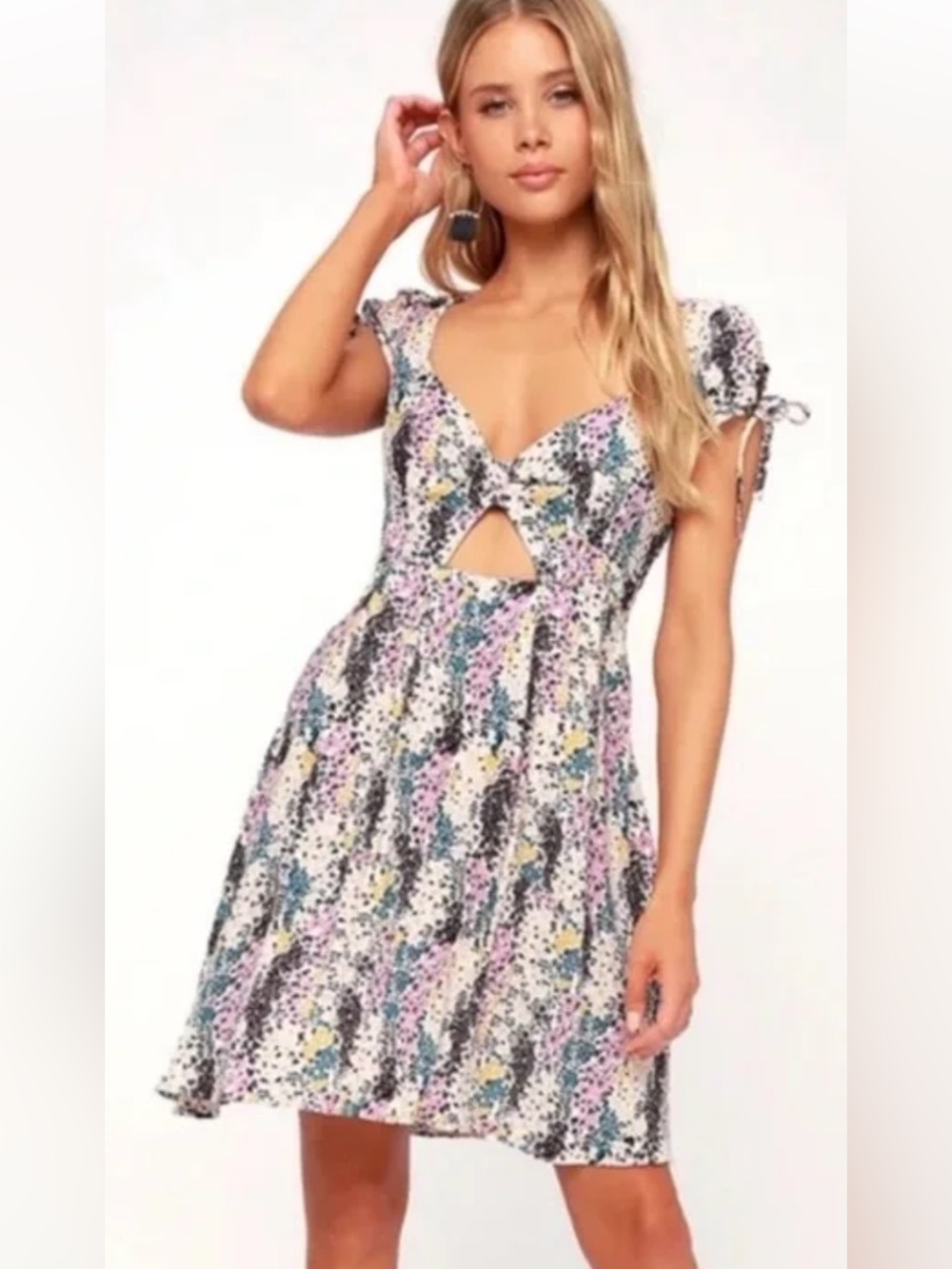 Free People miss right floral dress front  key hole sz L